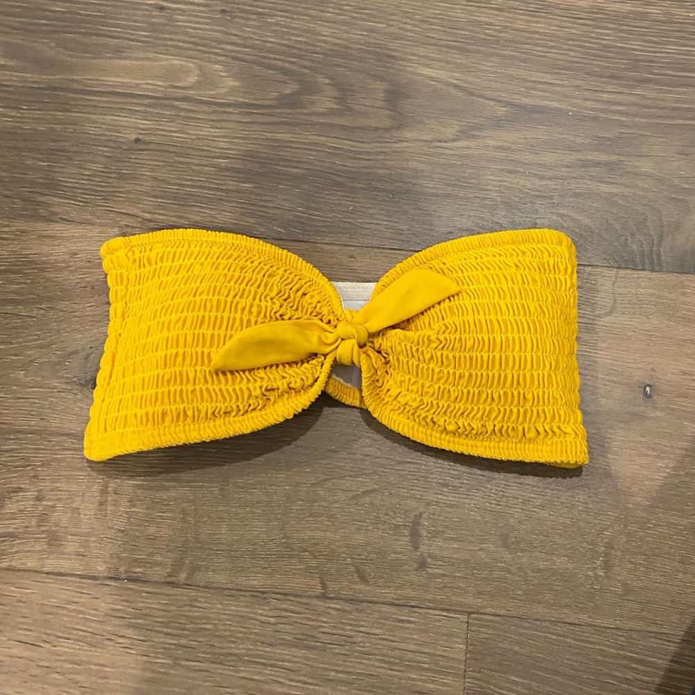 yellow strapless swim suit top! size small